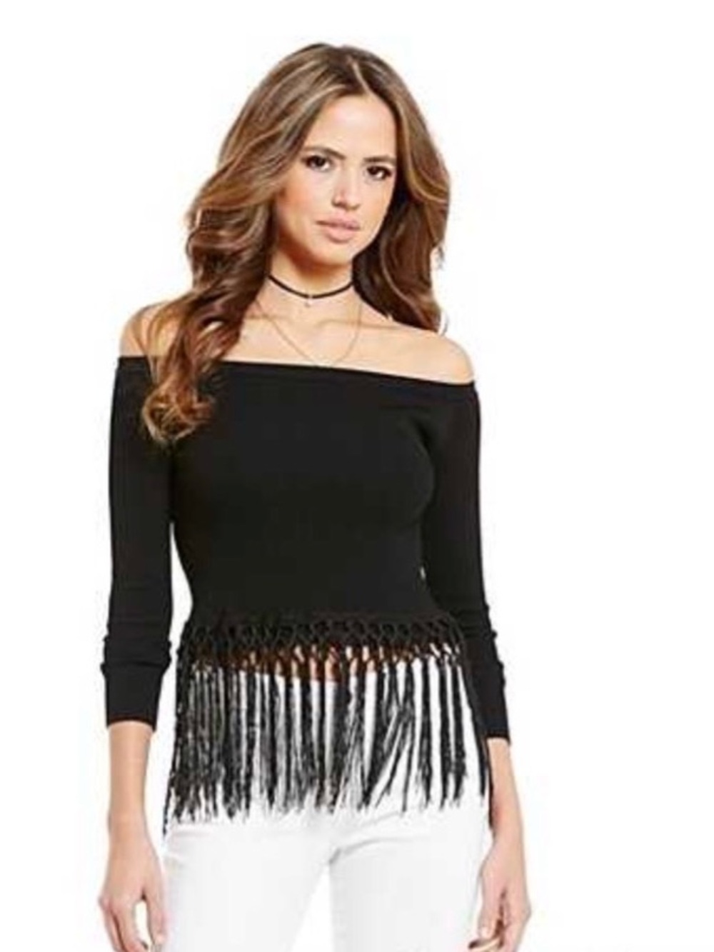 Gianni Bini Black Off-the-Shoulder Fringe Hem Sweater